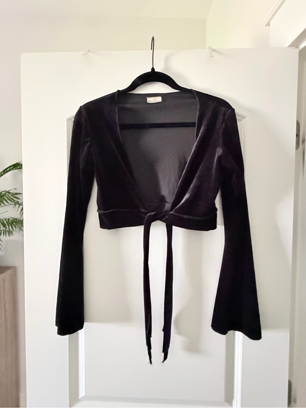 Vintage Black Velvet Tie-Front Cropped Top - Women